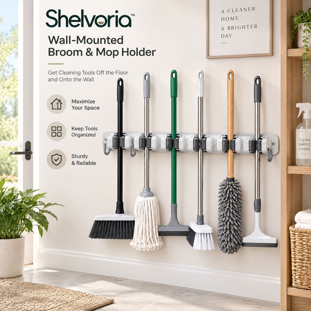 Shelvoria™ Wall-Mounted Broom & Mop Holder