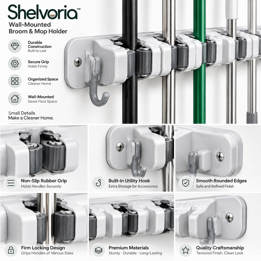 Shelvoria™ Wall-Mounted Broom & Mop Holder