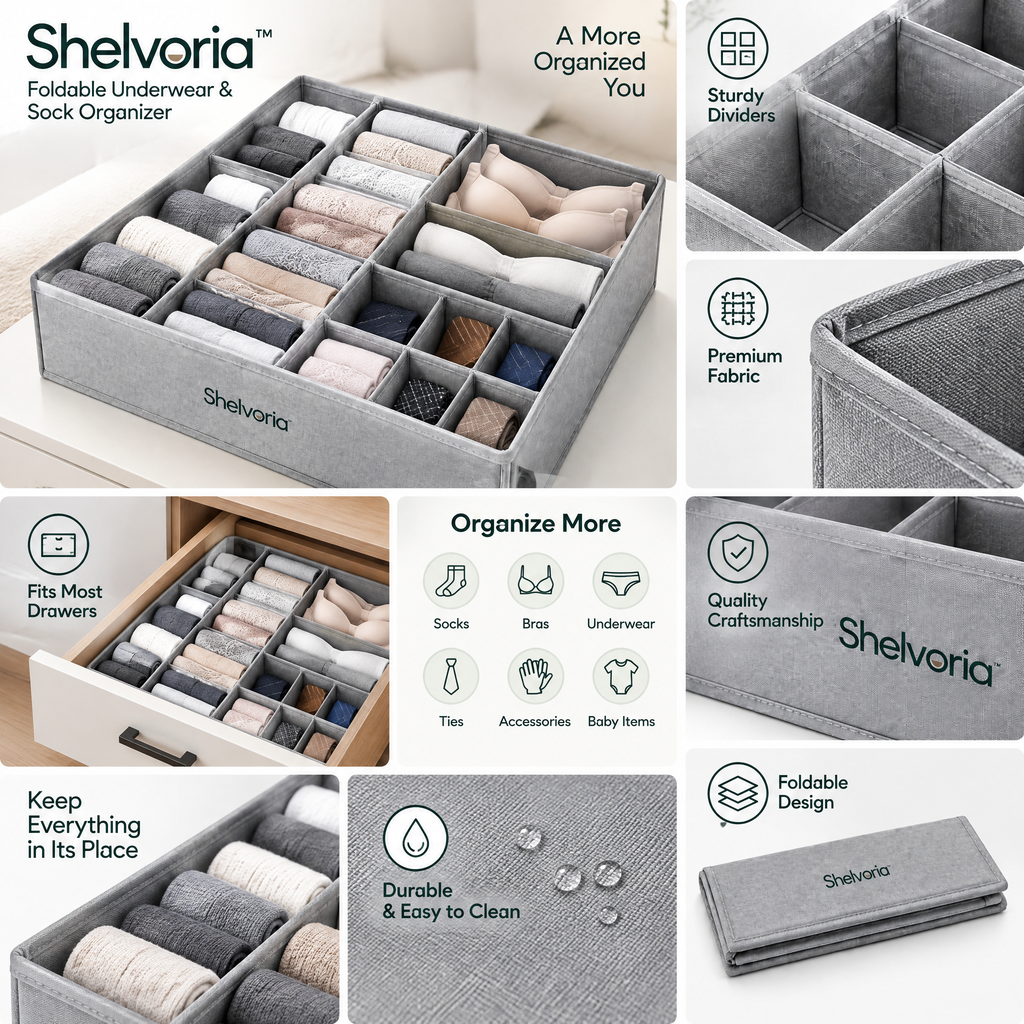 Shelvoria™ Foldable Underwear & Sock Organizer