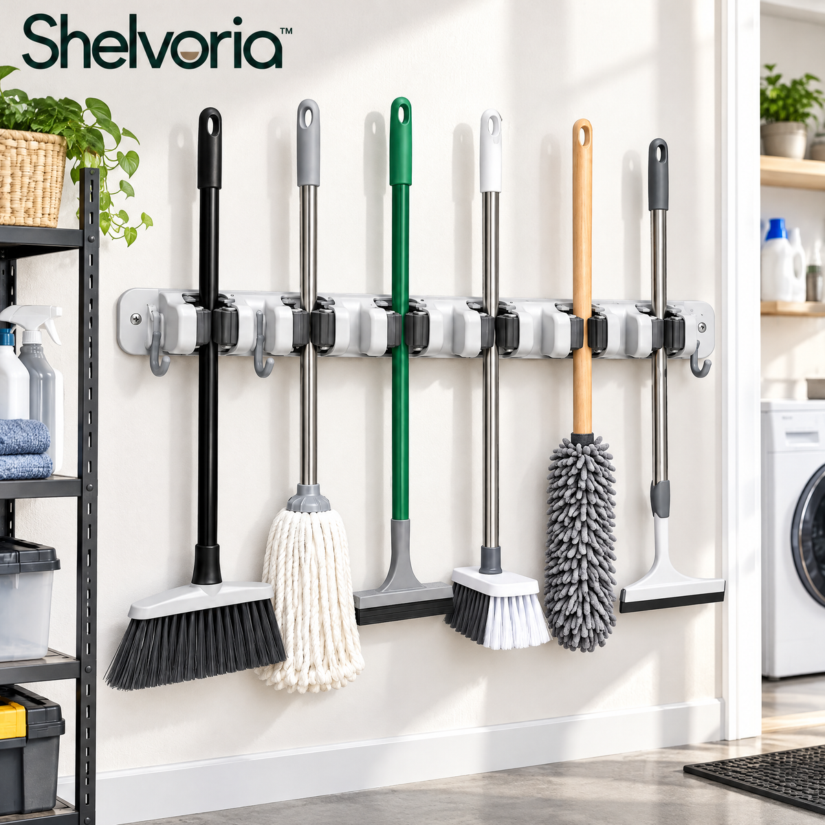 Shelvoria™ Wall-Mounted Broom & Mop Holder